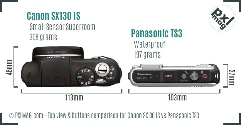 Canon SX130 IS vs Panasonic TS3 top view buttons comparison