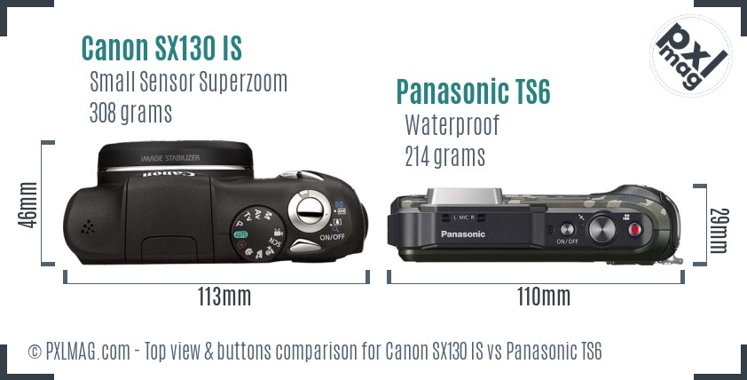 Canon SX130 IS vs Panasonic TS6 top view buttons comparison