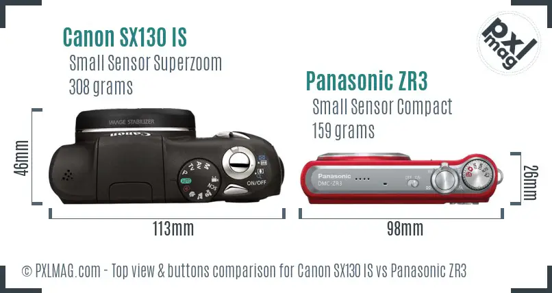 Canon SX130 IS vs Panasonic ZR3 top view buttons comparison