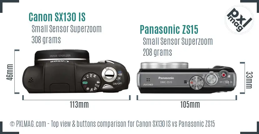 Canon SX130 IS vs Panasonic ZS15 top view buttons comparison