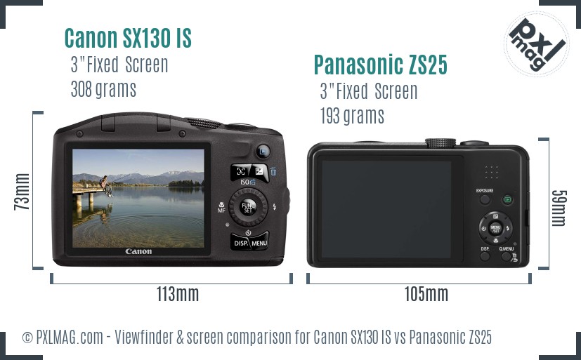 Canon SX130 IS vs Panasonic ZS25 Screen and Viewfinder comparison