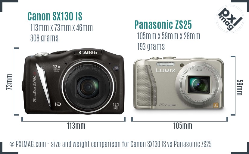 Canon SX130 IS vs Panasonic ZS25 size comparison