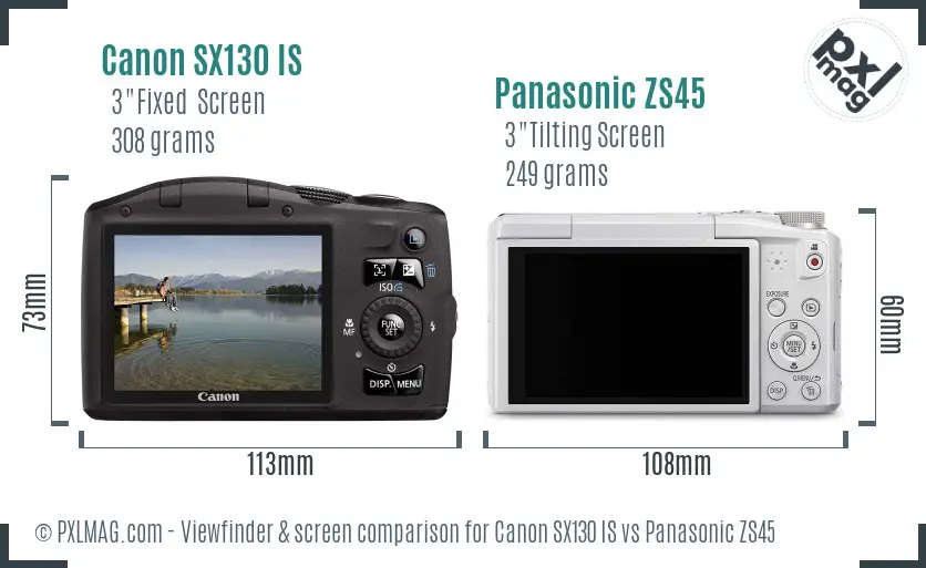 Canon SX130 IS vs Panasonic ZS45 Screen and Viewfinder comparison