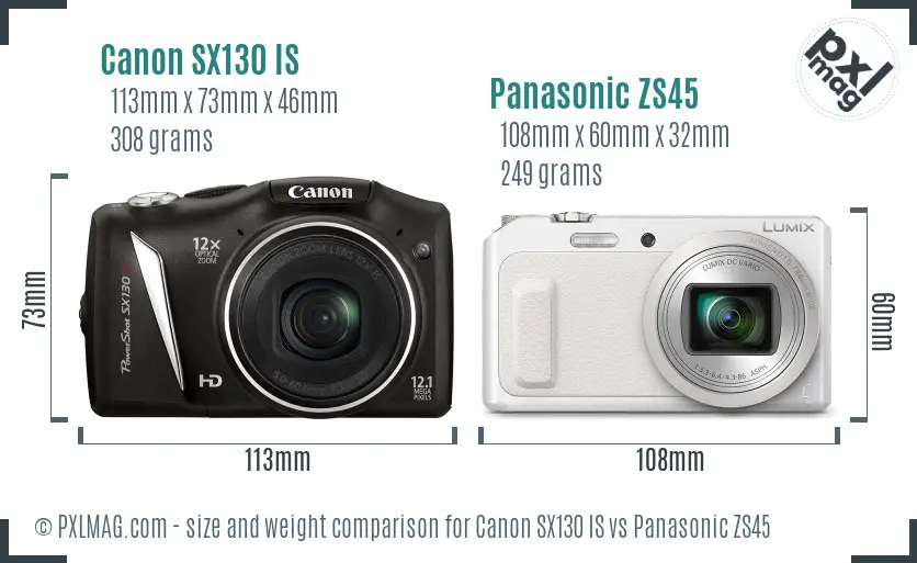 Canon SX130 IS vs Panasonic ZS45 size comparison