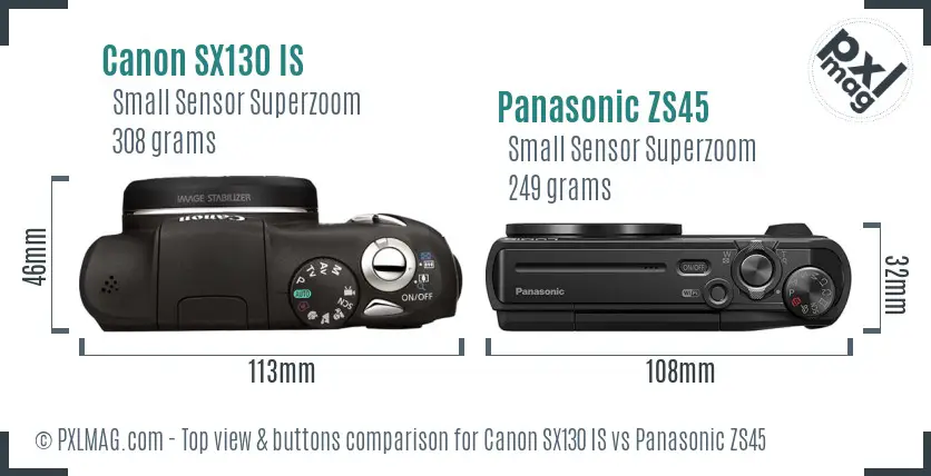 Canon SX130 IS vs Panasonic ZS45 top view buttons comparison