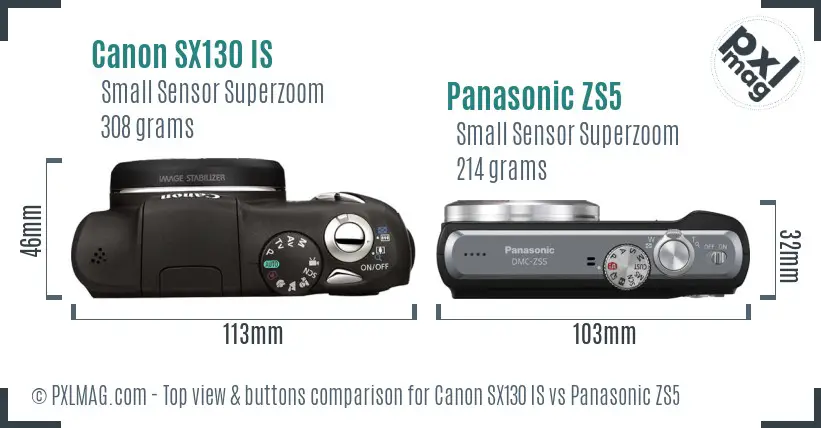 Canon SX130 IS vs Panasonic ZS5 top view buttons comparison Canon SX130 IS vs Panasonic ZS5 top view buttons comparison