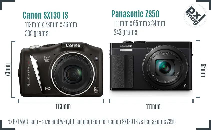 Canon SX130 IS vs Panasonic ZS50 size comparison