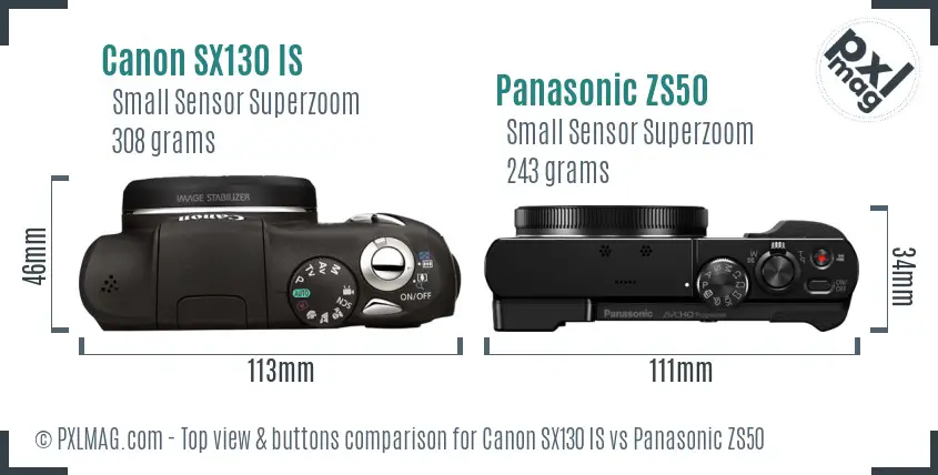 Canon SX130 IS vs Panasonic ZS50 top view buttons comparison