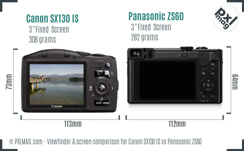 Canon SX130 IS vs Panasonic ZS60 Screen and Viewfinder comparison