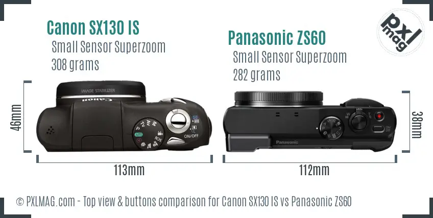 Canon SX130 IS vs Panasonic ZS60 top view buttons comparison