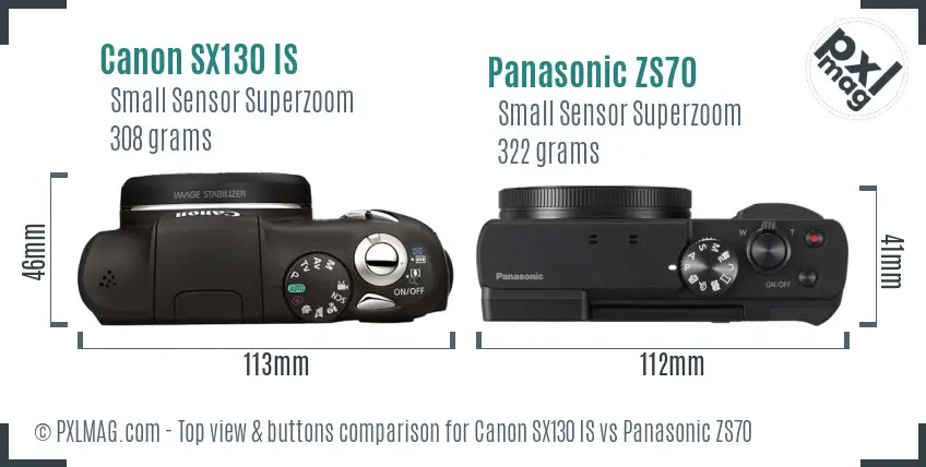 Canon SX130 IS vs Panasonic ZS70 top view buttons comparison