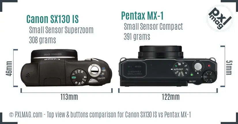 Canon SX130 IS vs Pentax MX-1 top view buttons comparison