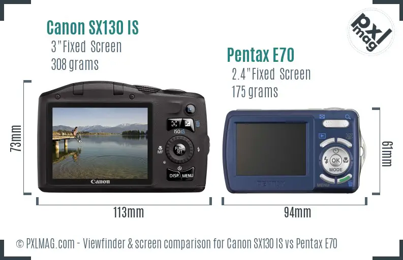 Canon SX130 IS vs Pentax E70 Screen and Viewfinder comparison