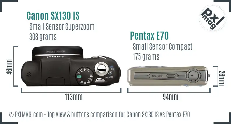 Canon SX130 IS vs Pentax E70 top view buttons comparison