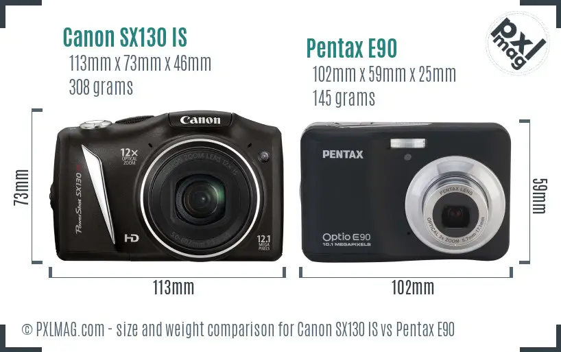 Canon SX130 IS vs Pentax E90 size comparison