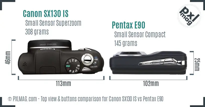 Canon SX130 IS vs Pentax E90 top view buttons comparison