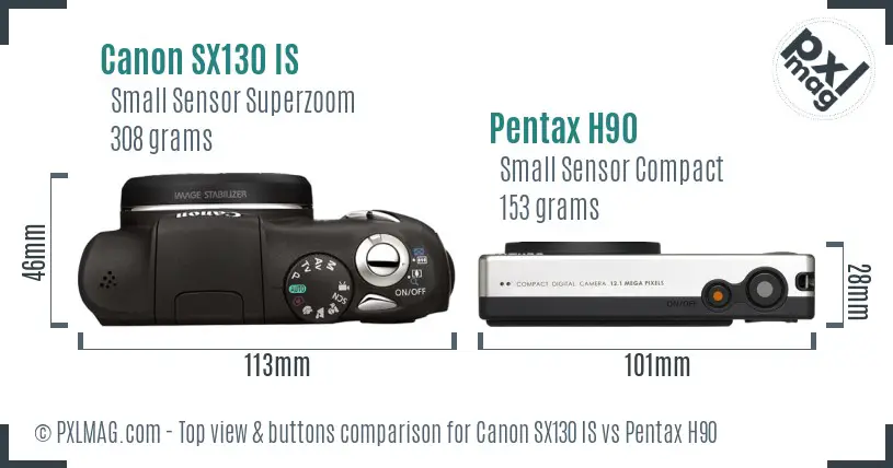 Canon SX130 IS vs Pentax H90 top view buttons comparison