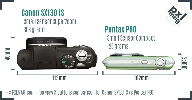 Canon SX130 IS vs Pentax P80 top view buttons comparison Canon SX130 IS vs Pentax P80 top view buttons comparison