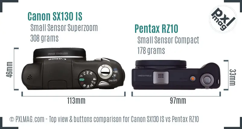 Canon SX130 IS vs Pentax RZ10 top view buttons comparison Canon SX130 IS vs Pentax RZ10 top view buttons comparison