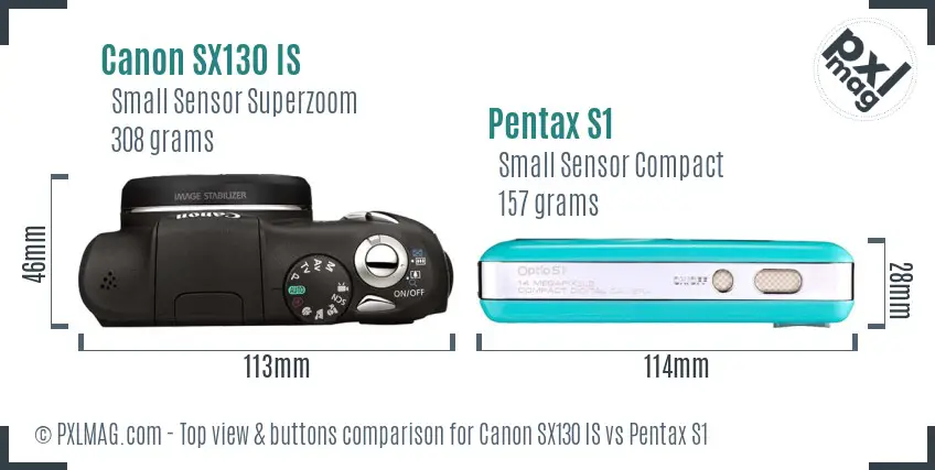 Canon SX130 IS vs Pentax S1 top view buttons comparison