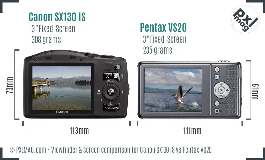 Canon SX130 IS vs Pentax VS20 Screen and Viewfinder comparison