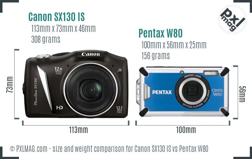 Canon SX130 IS vs Pentax W80 size comparison