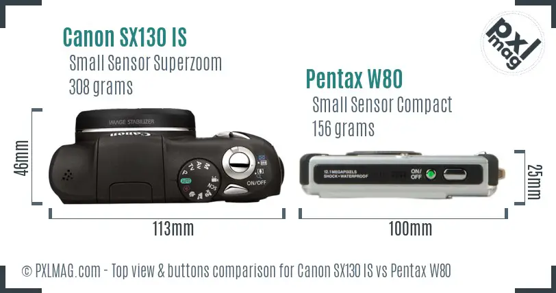 Canon SX130 IS vs Pentax W80 top view buttons comparison