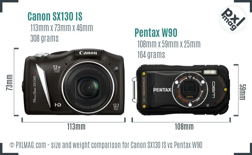 Canon SX130 IS vs Pentax W90 size comparison