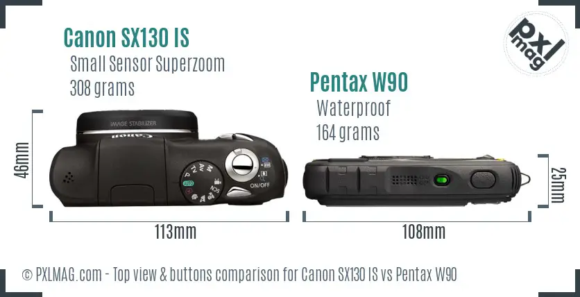 Canon SX130 IS vs Pentax W90 top view buttons comparison