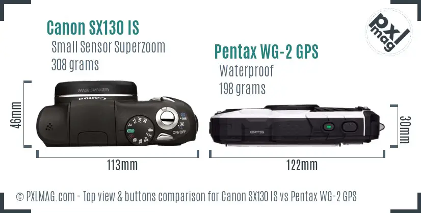 Canon SX130 IS vs Pentax WG-2 GPS top view buttons comparison Canon SX130 IS vs Pentax WG-2 GPS top view buttons comparison