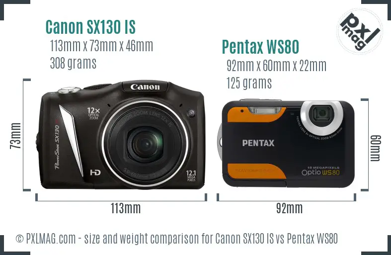 Canon SX130 IS vs Pentax WS80 size comparison