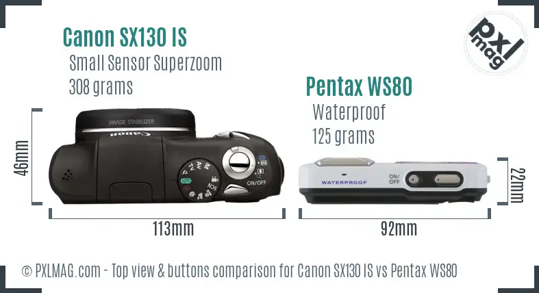 Canon SX130 IS vs Pentax WS80 top view buttons comparison