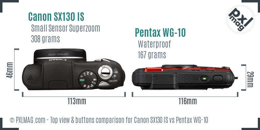 Canon SX130 IS vs Pentax WG-10 top view buttons comparison