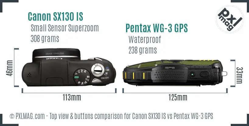 Canon SX130 IS vs Pentax WG-3 GPS top view buttons comparison