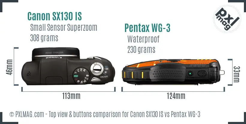 Canon SX130 IS vs Pentax WG-3 top view buttons comparison