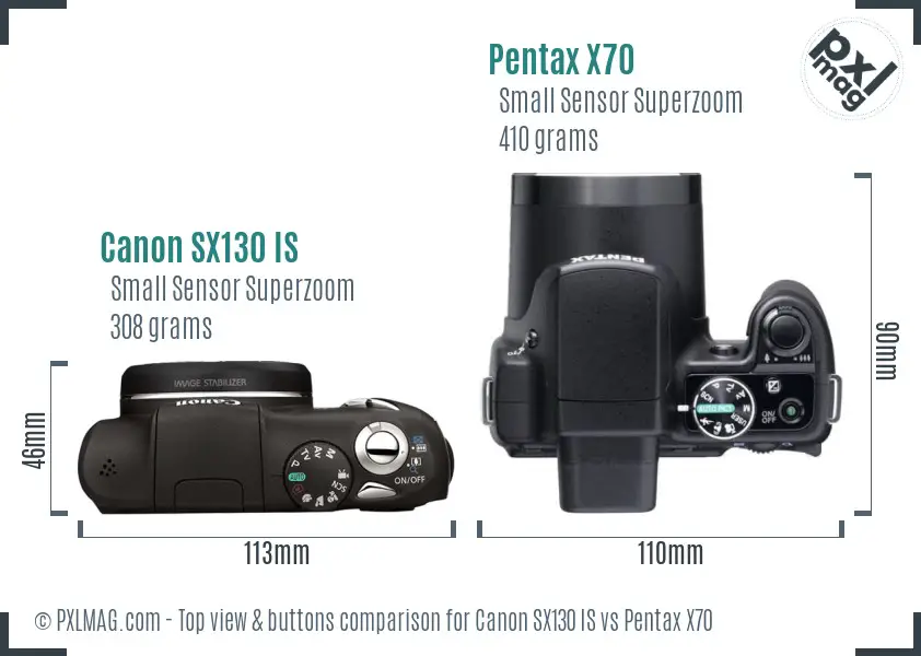 Canon SX130 IS vs Pentax X70 top view buttons comparison Canon SX130 IS vs Pentax X70 top view buttons comparison