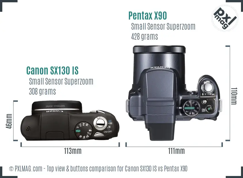 Canon SX130 IS vs Pentax X90 top view buttons comparison