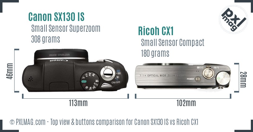 Canon SX130 IS vs Ricoh CX1 top view buttons comparison