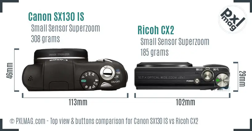 Canon SX130 IS vs Ricoh CX2 top view buttons comparison