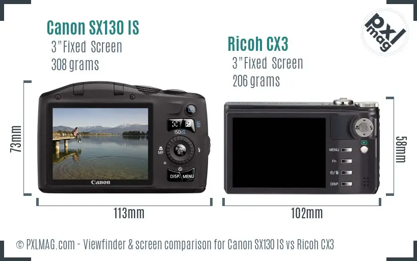 Canon SX130 IS vs Ricoh CX3 Screen and Viewfinder comparison