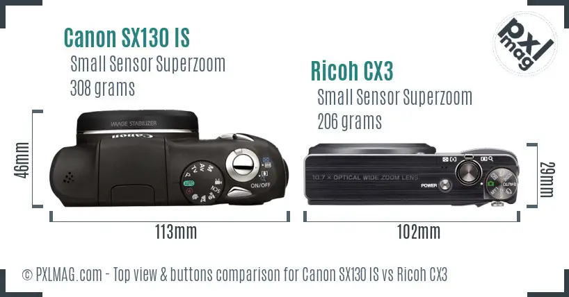 Canon SX130 IS vs Ricoh CX3 top view buttons comparison