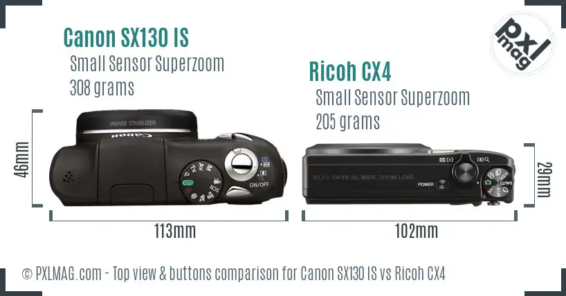 Canon SX130 IS vs Ricoh CX4 top view buttons comparison