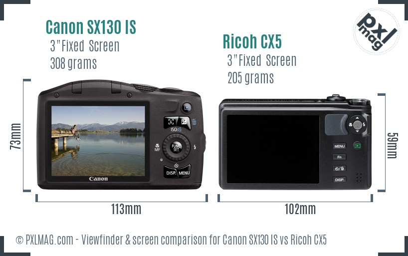 Canon SX130 IS vs Ricoh CX5 Screen and Viewfinder comparison