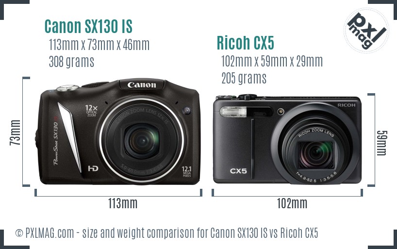 Canon SX130 IS vs Ricoh CX5 size comparison