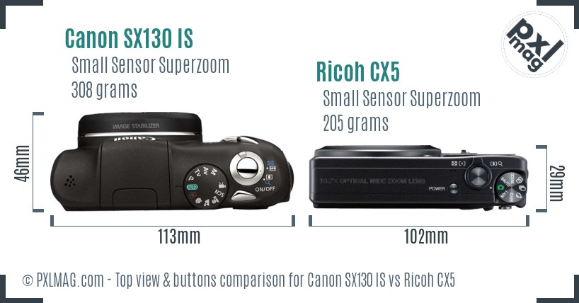 Canon SX130 IS vs Ricoh CX5 top view buttons comparison