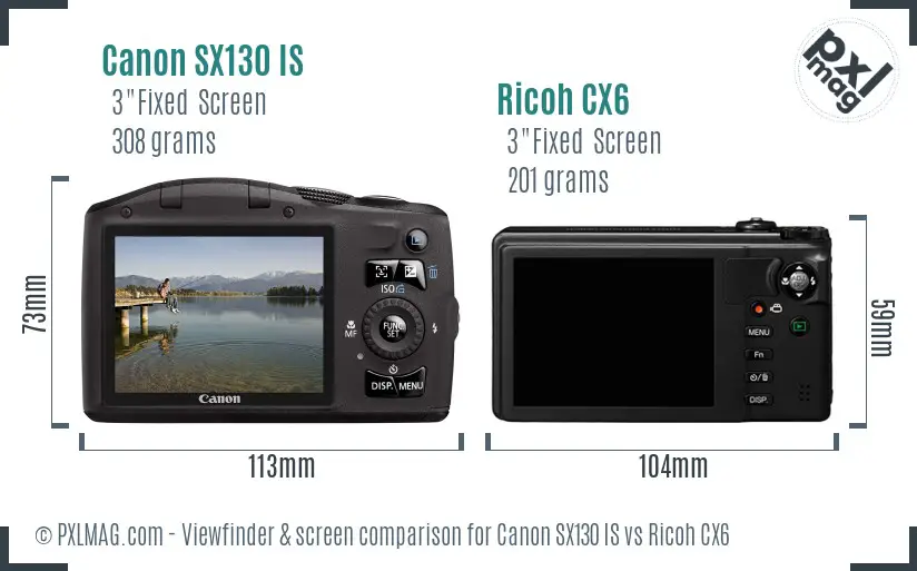 Canon SX130 IS vs Ricoh CX6 Screen and Viewfinder comparison