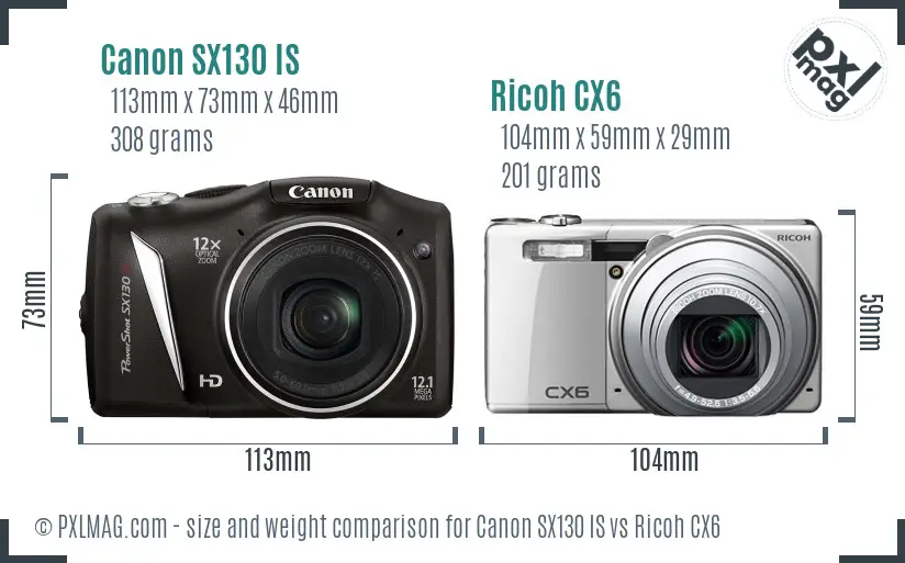 Canon SX130 IS vs Ricoh CX6 size comparison