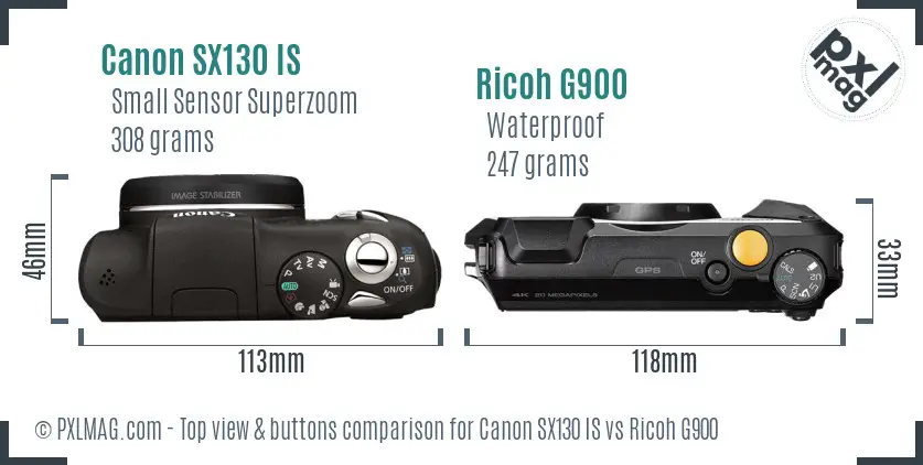 Canon SX130 IS vs Ricoh G900 top view buttons comparison