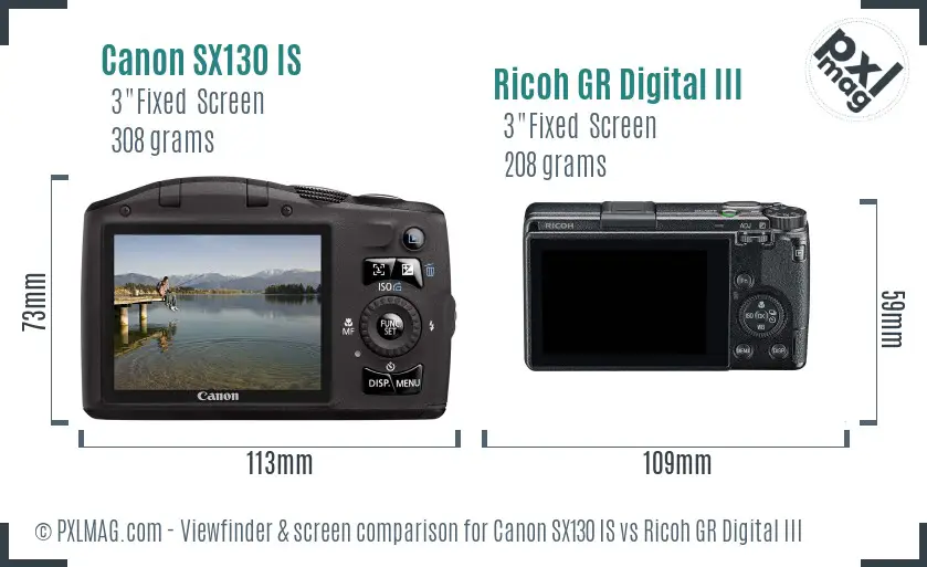 Canon SX130 IS vs Ricoh GR Digital III Screen and Viewfinder comparison