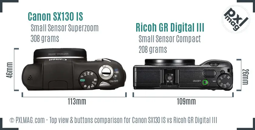 Canon SX130 IS vs Ricoh GR Digital III top view buttons comparison